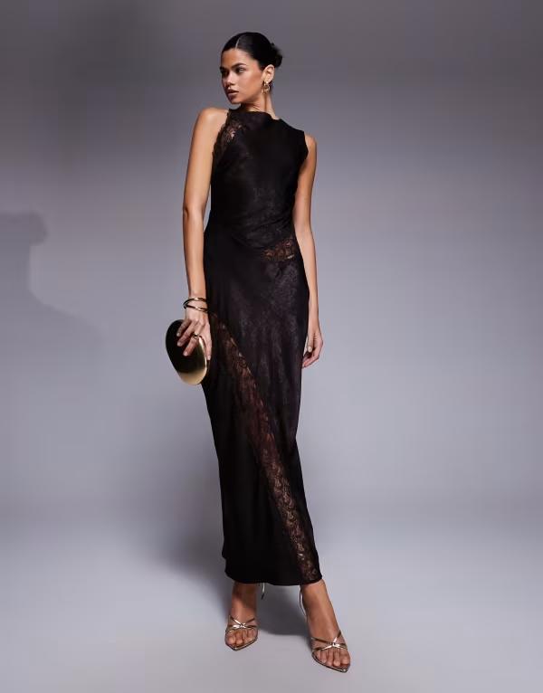 エイソス レディース トップス ワンピース マキシワンピース サテン レース マキシ ASOS DESIGN slash neck satin bias lace detail maxi dress in chocolate Chocolate チョコレート