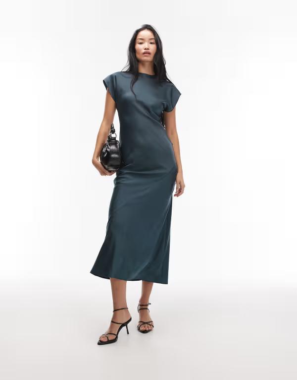 エイソス レディース トップス ワンピース サテン キャップ マキシ ASOS DESIGN cap sleeve seam detail satin maxi slip dress GREEN グリーン