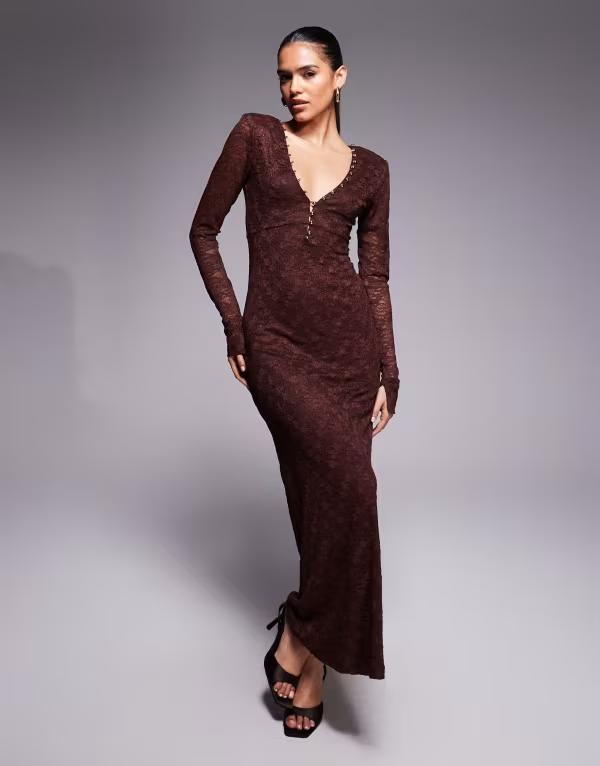 バードット レディース トップス ワンピース Vネック マキシワンピース レース マキシ Bardot Zenia lace button trim v-neck maxi dress in chocolate Chocolate チョコレート|ReVida 店