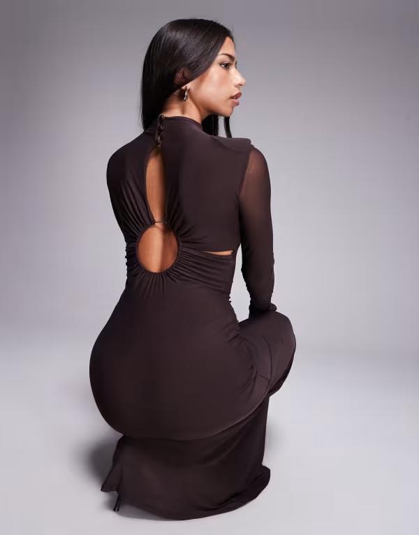 エイソス レディース トップス 衣装 カットアウト マキシ衣装 メッシュ マキシ ASOS DESIGN mesh long sleeve cut out maxi dress with ring detail back Chocolate 黒茶