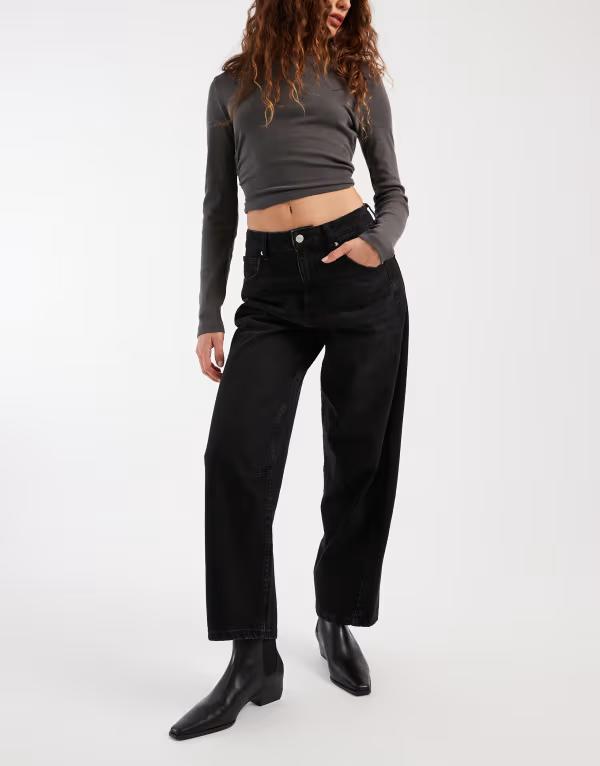 エイソス レディース ボトムス デニムパンツ ウエストマーク アンクル ジーンズ ASOS DESIGN ankle grazer barrel leg jeans with cinched waist in washed Black ブラック