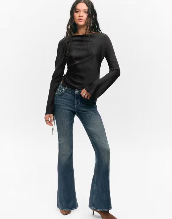 モンキ レディース トップス シャツ サテン Monki crinkle satin long sleeve boat neck top Black ブラック