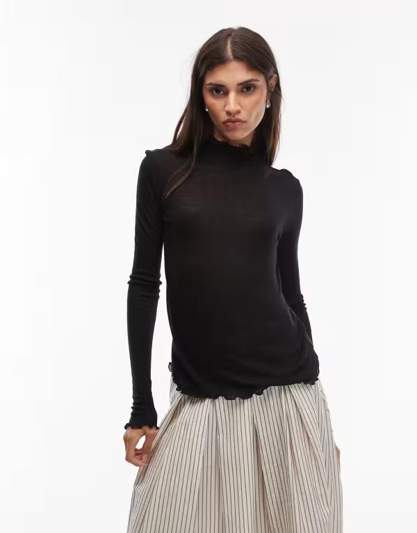 アンドアザーストーリーズ レディース トップス Tシャツ ハイネック ウール & Other Stories soft wool rich long sleeve top with high neck and frill hem Black ブラック