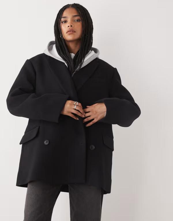ウィークデイ レディース アウター コート ウール ブレザー ジャケット Weekday wool look oversized double breasted blazer jacket Black ブラック