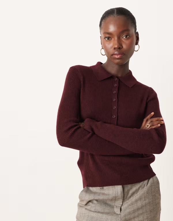 マンゴ レディース トップス シャツ ポロシャツ ウール ニット Mango wool mix long sleeve knit polo top Burgundy バーガンディ