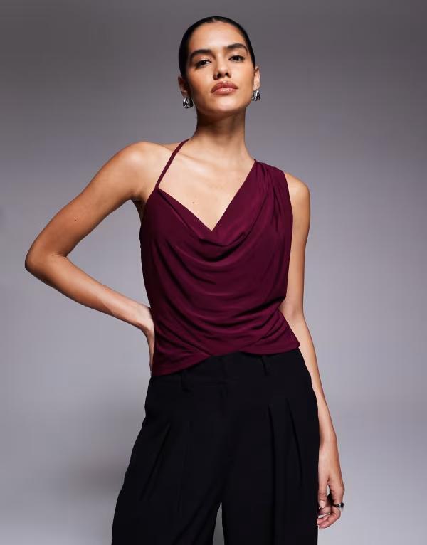 エイソス レディース トップス タンクトップ オープンバック アシンメトリー ASOS DESIGN asymmetric slinky cowl top with open back Burgundy バーガンディ