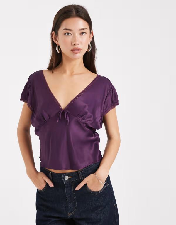 エイソス レディース トップス シャツ レーストリム サテン ブラウス レース ASOS DESIGN lace trim satin blouse in plum Plum プラム