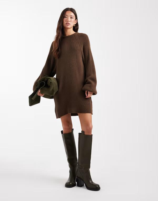 エイソス レディース トップス ワンピース バルーンスリーブ セーター ニット ASOS DESIGN knit oversized sweater dress with balloon sleeve in chocolate Brown ブラウン