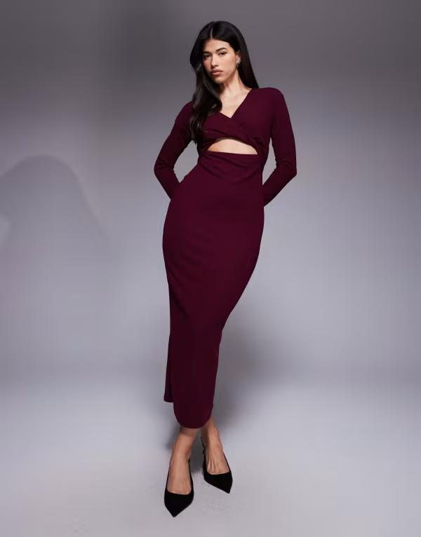エイソス レディース トップス ワンピース ミディワンピース リブ ミディ ASOS DESIGN knot detail ribbed midi dress in wine Wine ワイン
