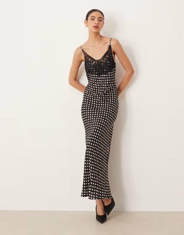エイソス レディース トップス ワンピース マキシワンピース サテン レース マキシ ASOS DESIGN lace bodice cami satin maxi dress spot Black spot ブラック