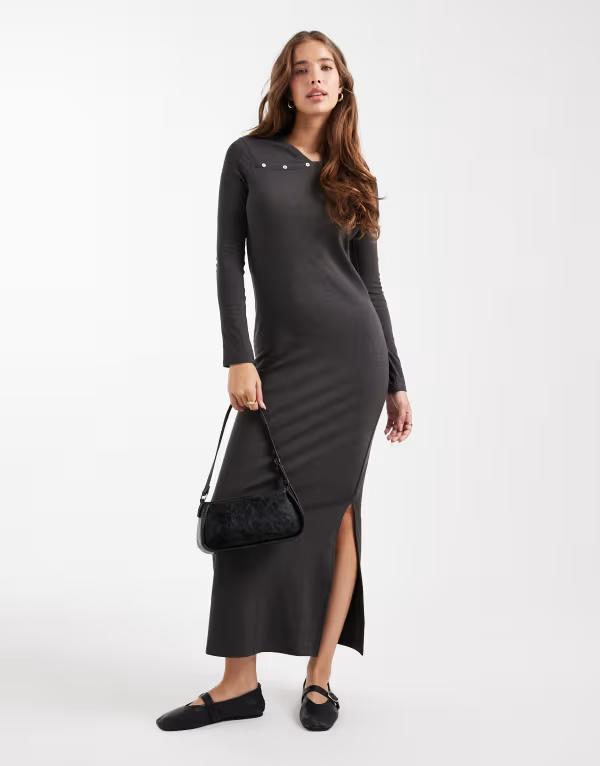 マンゴ レディース トップス ワンピース マキシワンピース Tシャツ ニット マキシ Mango Teen knit maxi dress with wrap detail in charcoal CHARCOAL チャコール