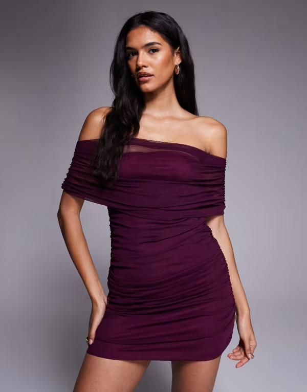 エイソス レディース トップス ワンピース ミニワンピース ドレープ ミニ メッシュ ASOS DESIGN draped shoulder mesh mini dress with ruching in fig Fig｜ReVida 店
