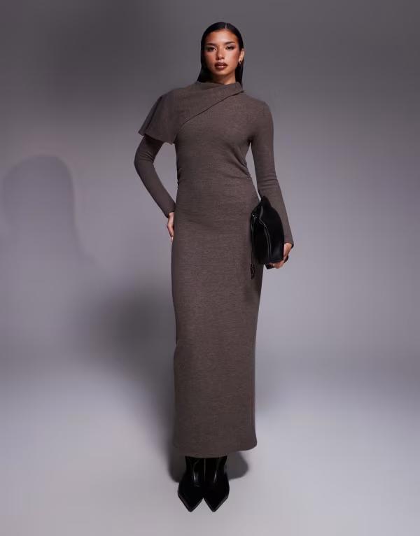 エイソス レディース トップス ワンピース ケープデザイン ミディワンピース ミディ キャップ ケープ ASOS DESIGN supersoft long sleeve fold over cape detail midi dress in chocolate Chocolate チョコレート