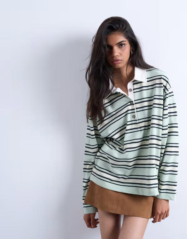 トップショップ レディース トップス ポロシャツ ジャージー Topshop jersey stripe rugby long sleeve polo in pistachio Green グリーン｜ReVida 店