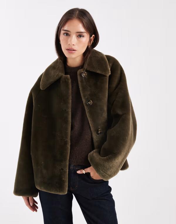 エイソス レディース アウター ジャケット・ブルゾン コート ASOS DESIGN shearling short car coat Khaki カーキ