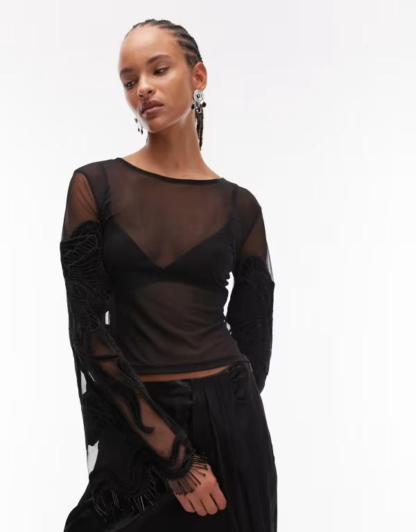 エイソス レディース トップス Tシャツ メッシュ ベルベット 刺繍 ASOS DESIGN velvet embroidered flared sleeve sleeve mesh top with fringing Black ブラック