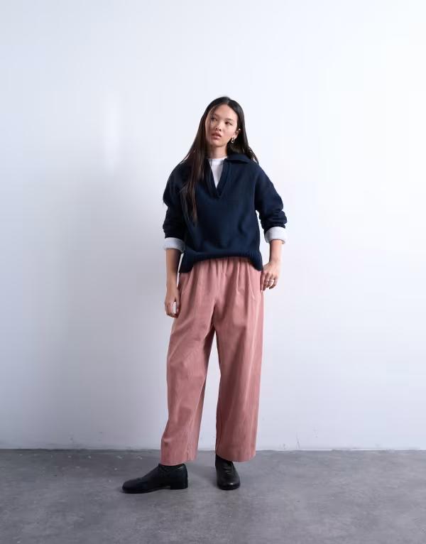 トップショップ レディース ボトムス カジュアルパンツ ワイドレッグ コーデュロイ パンツ Topshop corduroy wide leg awkward length pants PINK ピンク