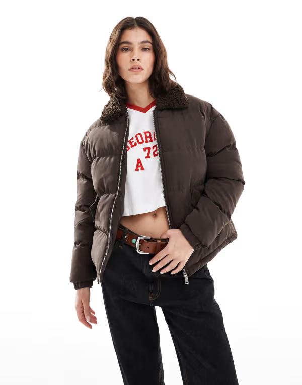 ブレーブソウル レディース アウター コート ジャケット Brave Soul short puffer jacket with faux shearling collar BROWN ブラウン|ReVida 店