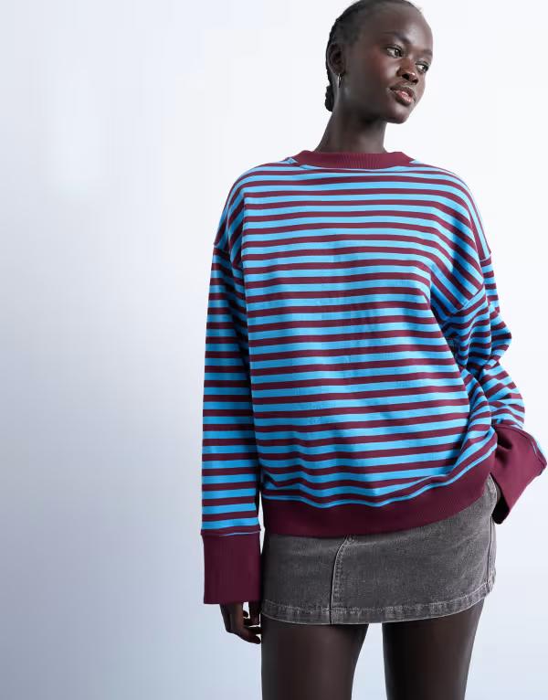 トップショップ レディース アウター パーカー・スウェット スウェット シャツ Topshop stripe oversized deep cuff sweatshirt and BLUE AND BURGUNDY ブルー