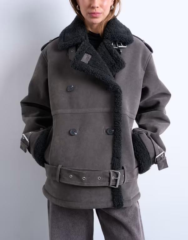 トップショップ レディース アウター ジャケット・ブルゾン コート クロップド Topshop cropped aviator shearling coat Gray グレー