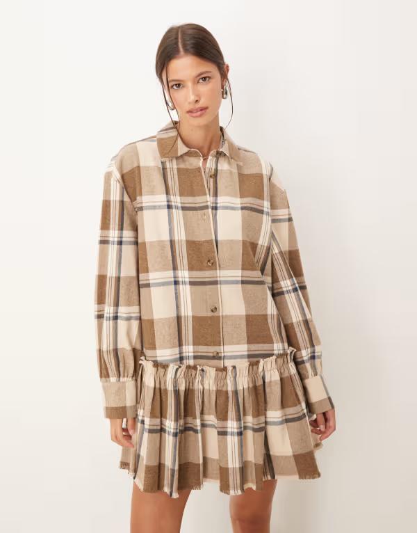 エイソス レディース トップス ワンピース シャツワンピース ミニ シャツ ASOS DESIGN mini shirt dress with dropped waist in tonal tan plaid Tonal Tan plaid タン