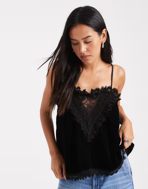 ミスセルフフリッジ レディース トップス シャツ ベルベット レース Miss Selfridge velvet and lace cami top Black ブラック｜ReVida 店