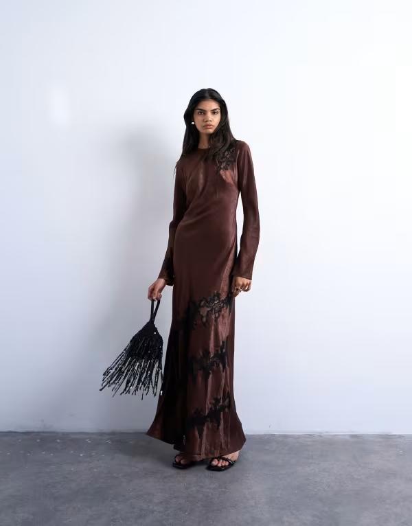 とっ始め販売店 レディース トップス 衣装 マキシ衣装 スピード競技 マキシ Topshop cutwork lace insert long sleeve maxi dress インチ chocolate BROWN 赤銅色
