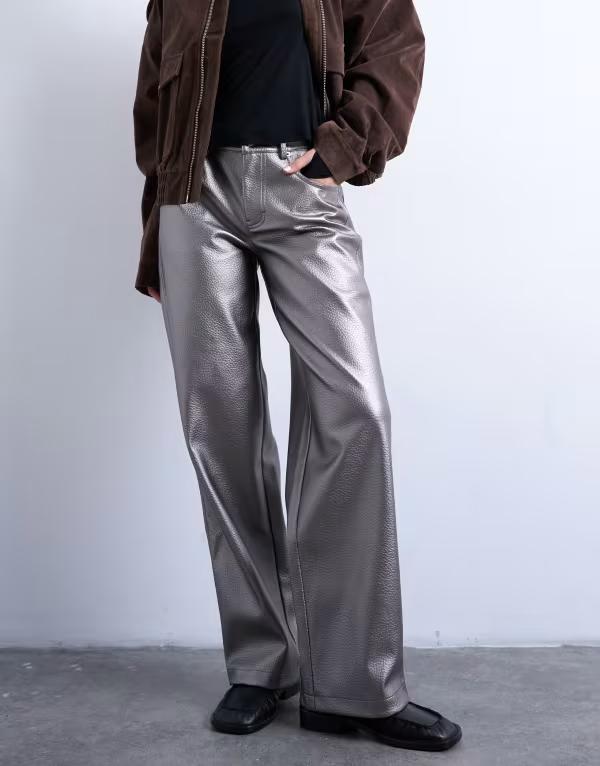 とっ始め販売店 レディース ボトムス 心地好いズボン下 ズボン下 トール なめし革 フェイクレザー Topshop faux leather metallic cinch pants silver しろがね色 パンツ-ボトムス-レディースファッション