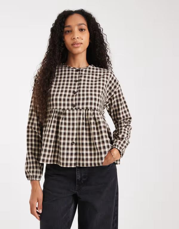 スリードベア レディース トップス シャツ ボタンダウン ギンガムチェック ダウン ブラウス ギンガム Threadbare button down long sleeve blouse with peplum hem gingham BROWN ブラウン