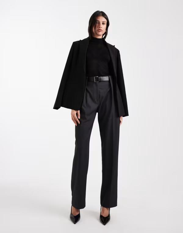 エイソス レディース ボトムス カジュアルパンツ ストレート ハイウエスト パンツ トール ASOS DESIGN Tall tailored high waist belted straight leg pants in heathered charcoal Charcoal marl チャコール