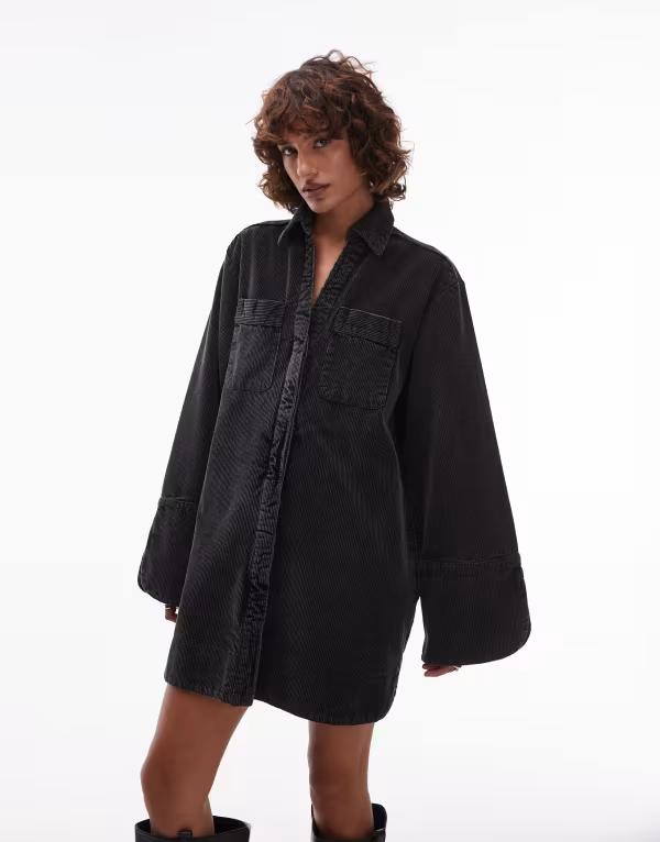 エイソス レディース トップス 衣装 プルオーバー衣装 ミニ プルオーバー ASOS DESIGN cord mini shirt dress with wide cuffs and oversized pockets インチ washed Washed Black 黒いこと