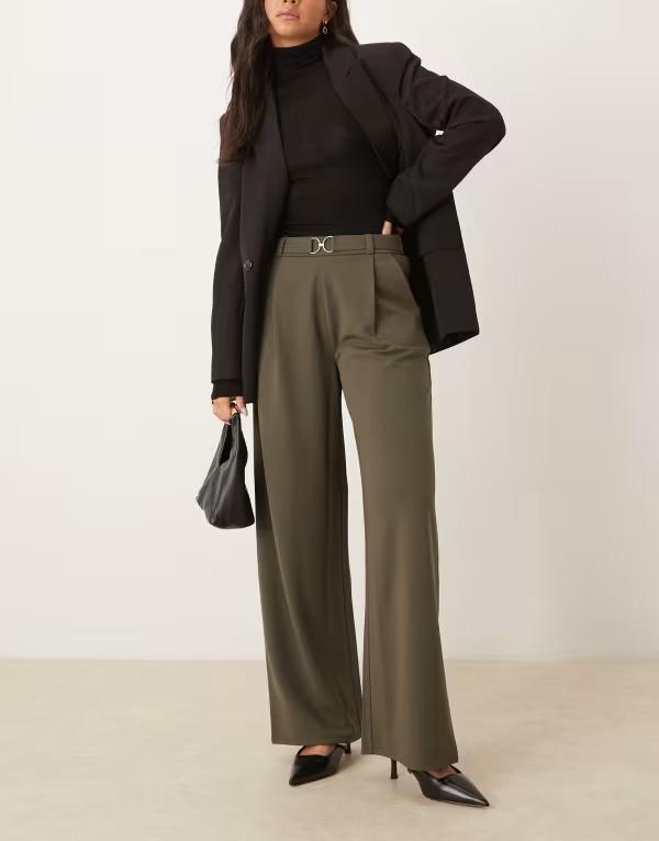 ジェイディーワイ レディース ボトムス 心地好いズボン下 ワイドレッグ ズボン下 JDY belt detail wide leg pants Khaki カーキ