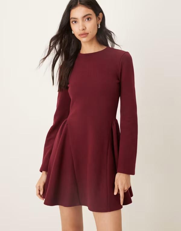 エイソス レディース トップス ワンピース ミニワンピース ミニ ASOS DESIGN supersoft long sleeve godet mini dress Burgundy バーガンディ