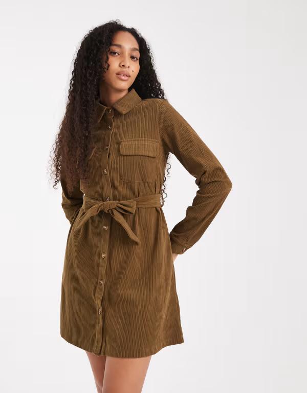 スリードベア レディース トップス ワンピース シャツワンピース シャツ Threadbare cord button up shirt dress Khaki カーキ|ReVida 店