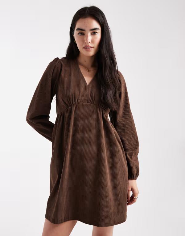 スリードベア レディース トップス ワンピース コーデュロイ ミニワンピース ミニ Threadbare corduroy long sleeve mini dress in chocolate CHOCOLATE BROWN ブラウン|ReVida 店