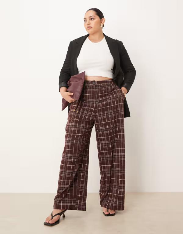 エイソス レディース ボトムス 心地好いズボン下 引っ切り無い ズボン下 ASOS Curve ASOS DESIGN Curve tailored relaxed straight leg pants plaid Burgundy check バーガンディ