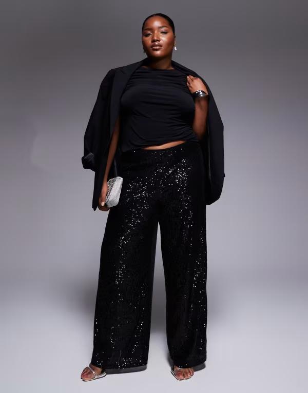 エイソス レディース ボトムス カジュアルパンツ ワイドレッグ パンツ スパンコール ASOS Curve ASOS DESIGN Curve all-over sequin wide leg pants Black ブラック