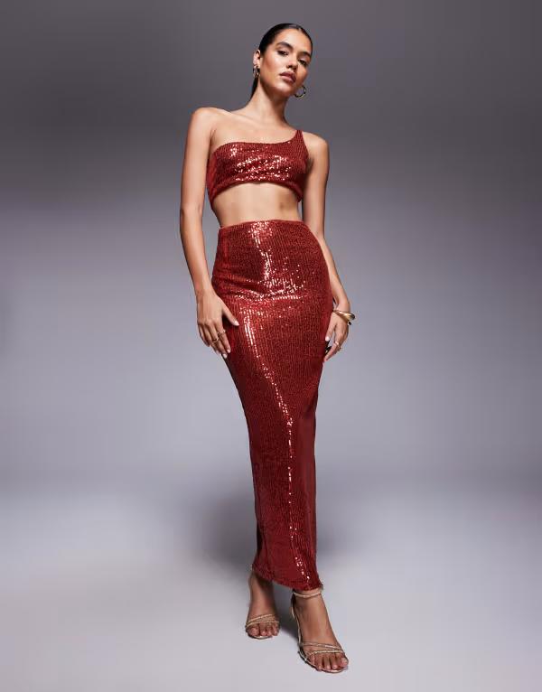 エイソス レディース トップス ワンピース ミディワンピース ミディ スパンコール ASOS DESIGN all over sequin one shoulder faux set midi dress in rustラスト