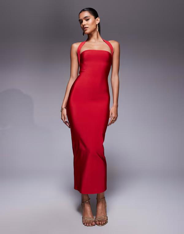 エイソス レディース トップス 衣装 midi衣装 midi ホルター ASOS DESIGN bandage square neck halter MIDI dress red 赤いこと レディースファッション-ワンピース