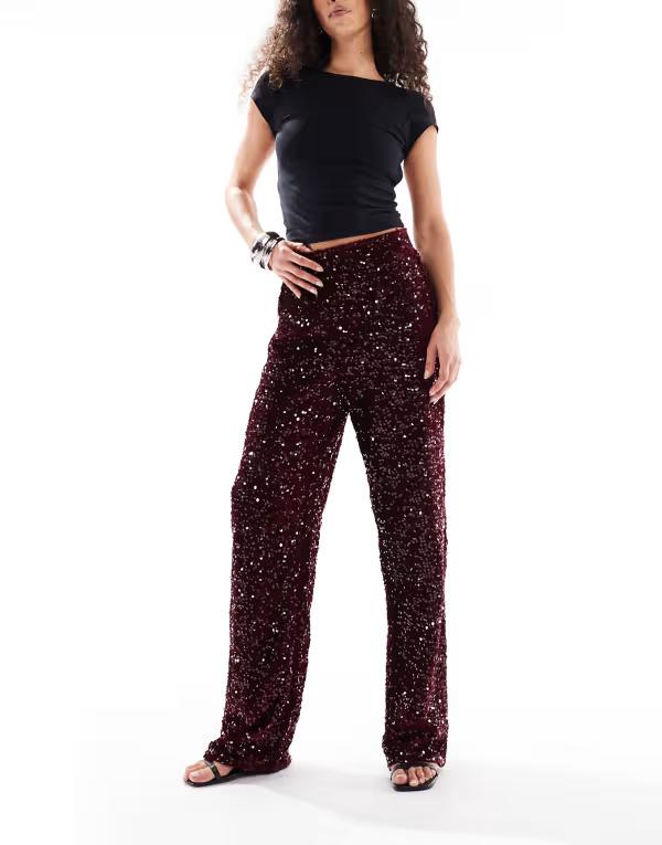 ピーシーズ レディース ボトムス カジュアルパンツ ワイドレッグ パンツ スパンコール Pieces wide leg velour sequin pants Tawny port バーガンディ