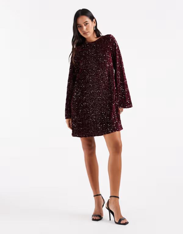 ピーシーズ レディース トップス ワンピース ミニワンピース ミニ スパンコール Pieces sequin mini dress with ribbon bow back Tawny port バーガンディ
