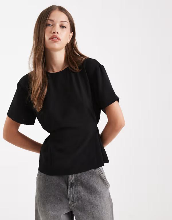エイソス レディース トップス シャツ Tシャツ ASOS DESIGN tie back cinch detail woven tee Black ブラック