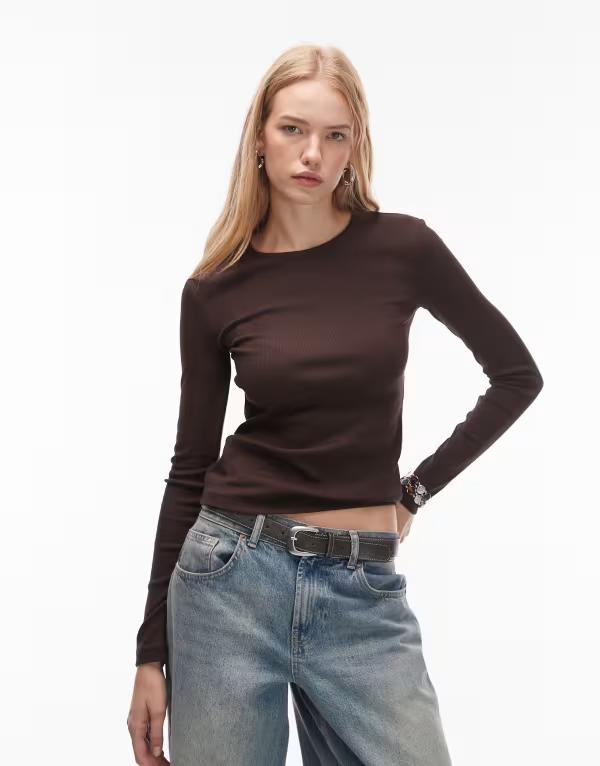アンドアザーストーリーズ レディース トップス Tシャツ リブニット ニット ジャージー & Other Stories soft jersey rib knit long sleeve top in dark Brown ブラウン