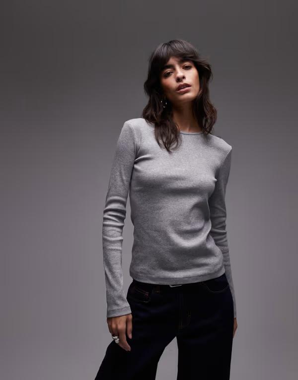 アンドアザーストーリーズ レディース トップス Tシャツ リブ ジャージー & Other Stories soft jersey ribbed long sleeve top in heather Gray Melange グレー｜ReVida 店
