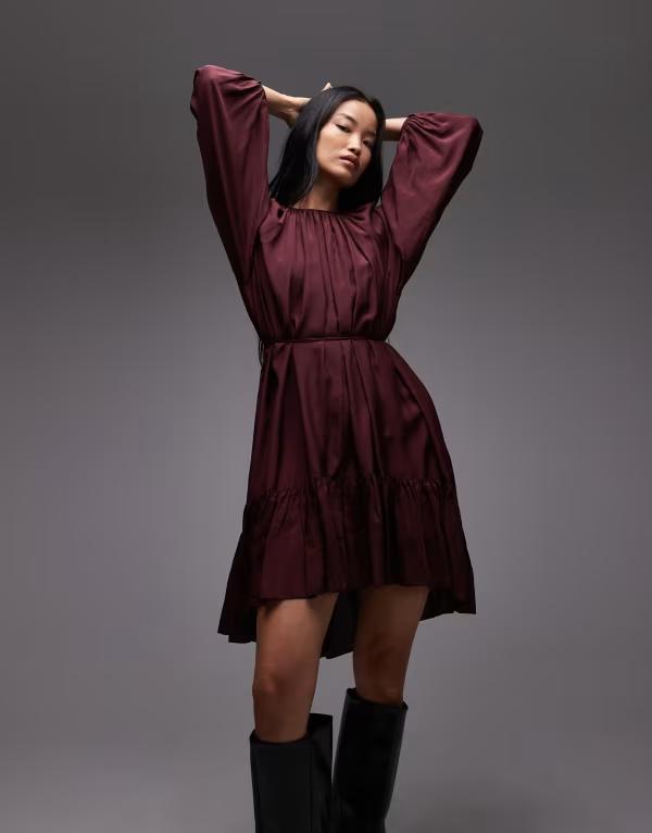 アンドアザーストーリーズ レディース トップス ワンピース ミディワンピース フリル ミディ & Other Stories long sleeve floaty midi dress with ruffle detail Burgundy バーガンディ｜ReVida 店 17,745円