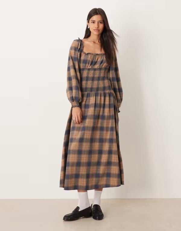 エイソス レディース トップス 衣装 midi衣装 midi ASOS DESIGN scoop neck MIDI dress with shirred bodice and tan plaid Black \u0026 Tan Plaid 黒いこと