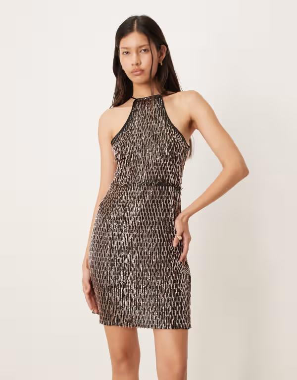 エイミー・リー レディース トップス ワンピース ミニワンピース ミニ スパンコール Amy Lynn curled sequin cut away mini dress and Black Gold ブラック｜ReVida 店