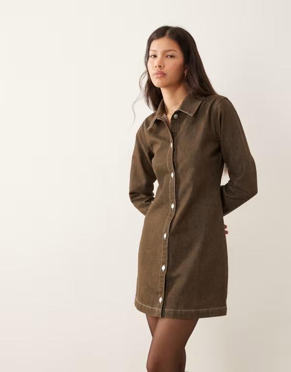 エイソス レディース トップス ワンピース シャツワンピース シャツ デニム ASOS DESIGN fitted denim shirt dress with long sleeves Khaki カーキ｜ReVida 店