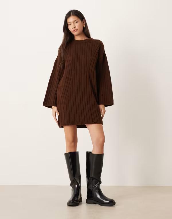 エイソス レディース トップス ワンピース クルーネック リブ セーター ニット ASOS DESIGN knit ribbed crew neck sweater dress in chocolate Chocolate チョコレート