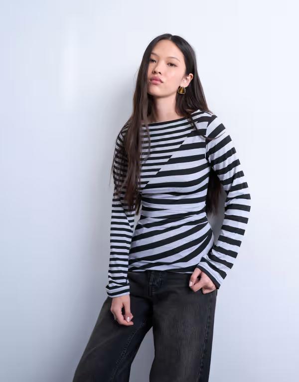 トップショップ レディース トップス Tシャツ ギャザー コントラスト Topshop contrast stripes ruched long sleeve top Gray/black ブラック